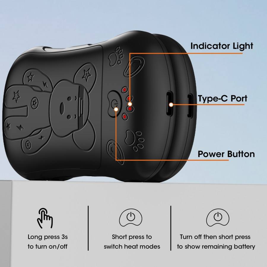 Indicator Light  
Type-C Port  
Power Button  
Long press 3s to turn on/off  
Short press to switch heat modes  
Turn off then short press to show remaining battery