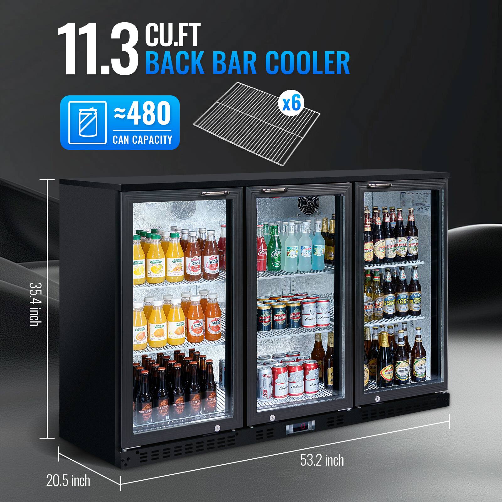 11.3 CU.FT BACK BAR COOLER x6 480 CAN CAPACITY

35.4 inch

20.5 inch

53.2 inch