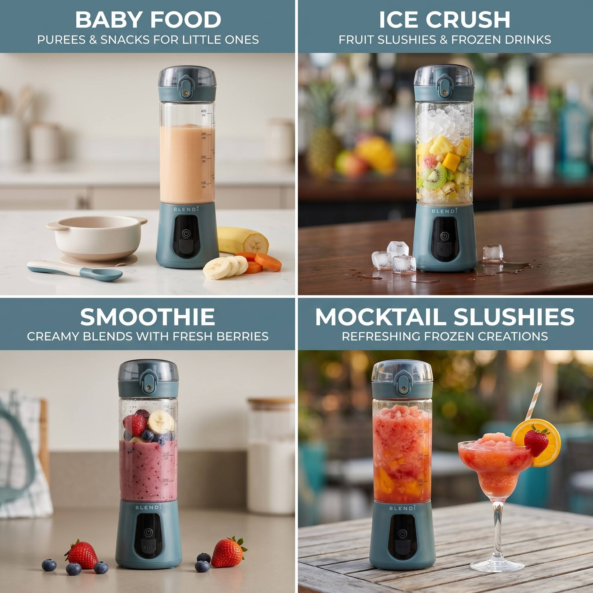 BABY FOOD  
PUREES & SNACKS FOR LITTLE ONES

ICE CRUSH  
FRUIT SLUSHIES & FROZEN DRINKS

BLENDI

SMOOTHIE  
CREAMY BLENDS WITH FRESH BERRIES

MOCKTAIL SLUSHIES  
REFRESHING FROZEN CREATIONS