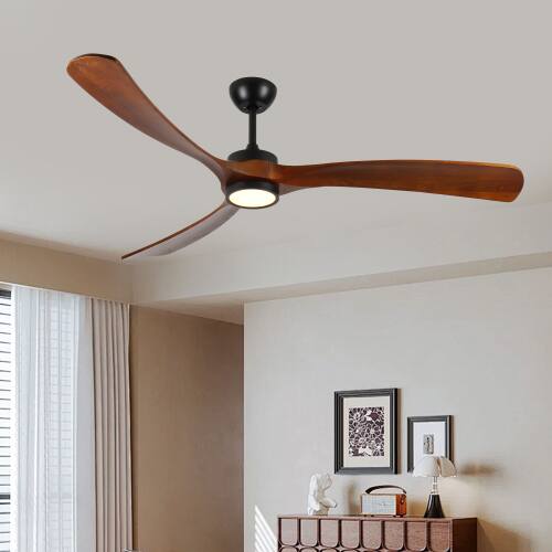 Alt View 2. LUCKY ONE - 72" Low Profile Ceiling Fan with Light Remote 6-Speed Wood Blades - Black,Natural Wood.