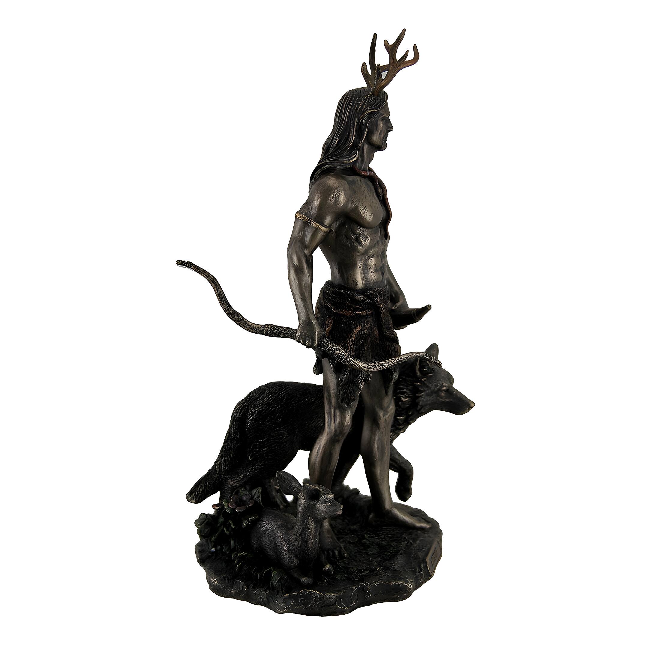 Alt View 2. Veronese Design - Herne the Spirit Hunter of Windsor Forest Standing With Deer and Wolf - Bronze.