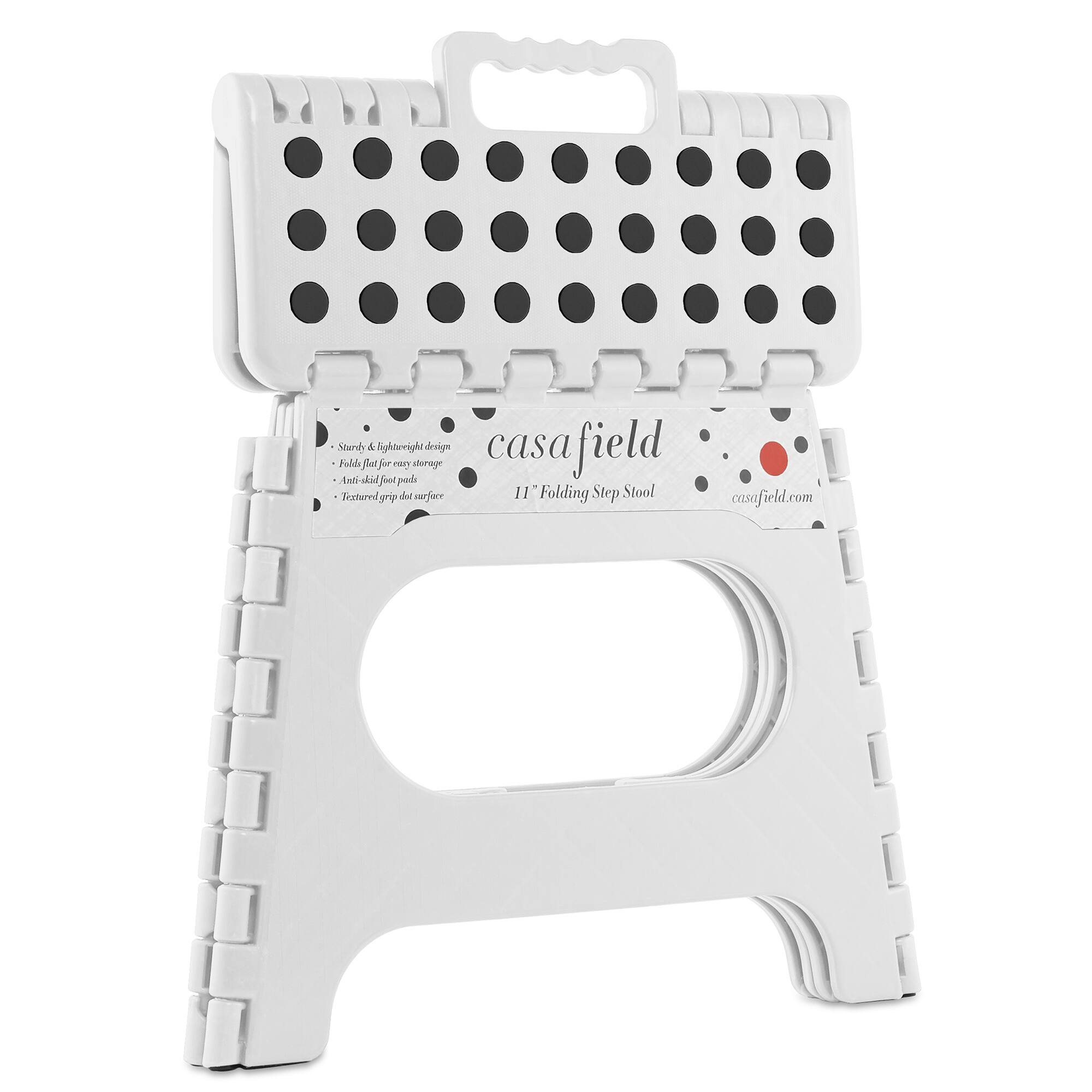 casa field  
11" Folding Step Stool  
casafield.com  

- Sturdy & lightweight design  
- Folds flat for easy storage  
- Anti-slip foot pads  
- Textured grip on surface
