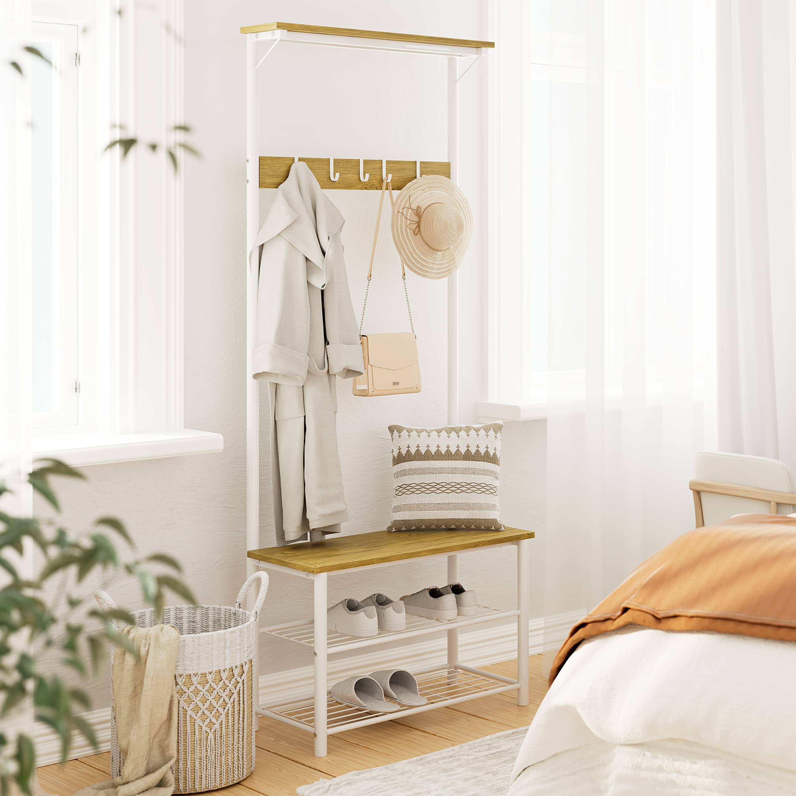 Alt View 5. ThinkLink Electronic - Hall Tree With Bench And Shoe Storage 3-in-1 Coat Rack Freestanding Wooden Metal Frame 3-tier Shelf 5 - Greige.