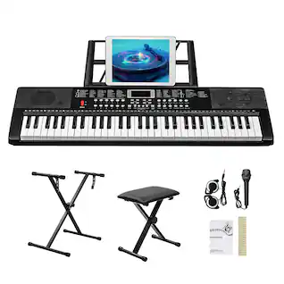 Winado - 61 Key Electronic Keyboard Piano w/ Stand, Bench & Headphones, Microphone Set for Beginners w/Lighted Keys