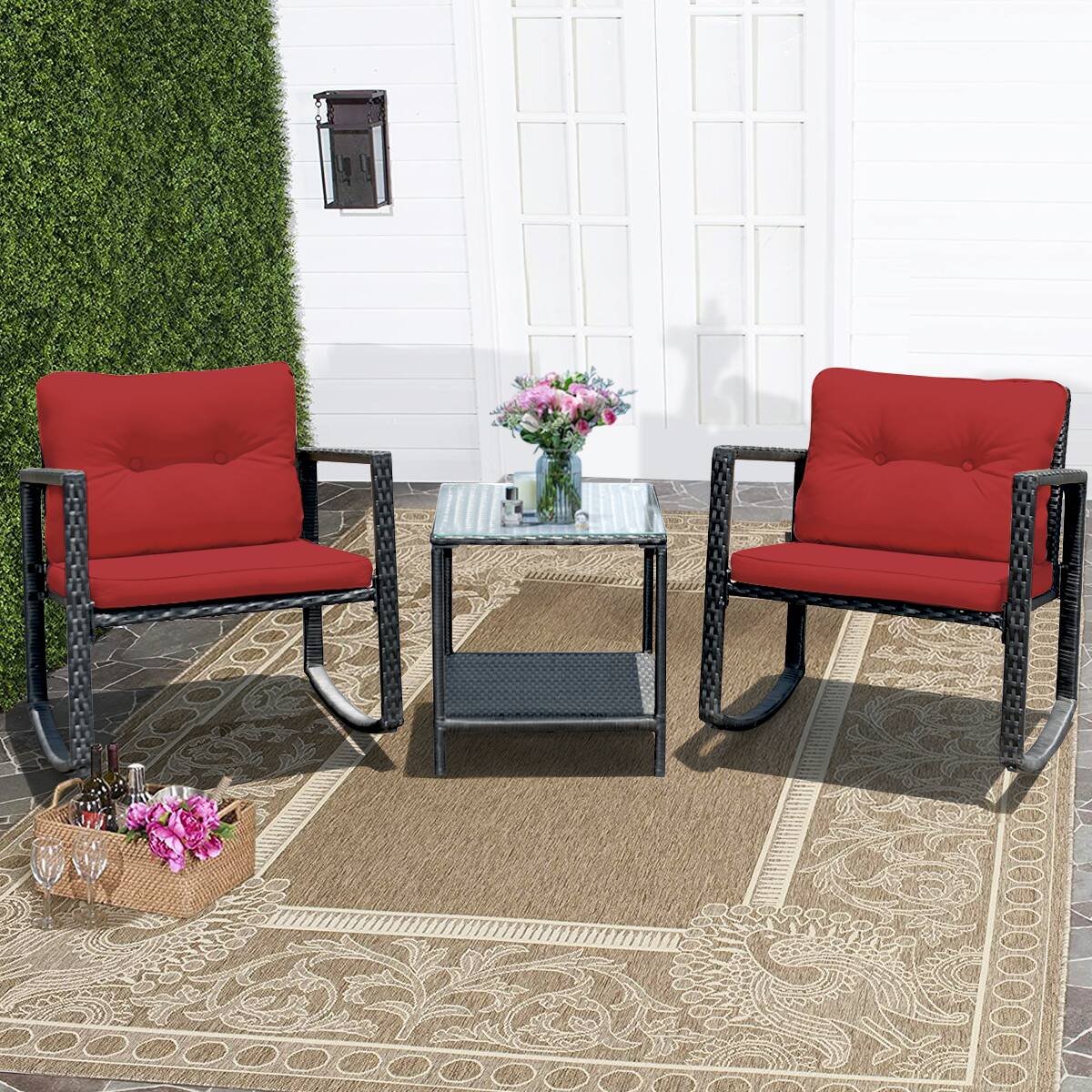 Alt View 3. Costway - 3PCS Patio Rattan Furniture Set Rocking Chairs Cushioned Sofa - Burgundy.