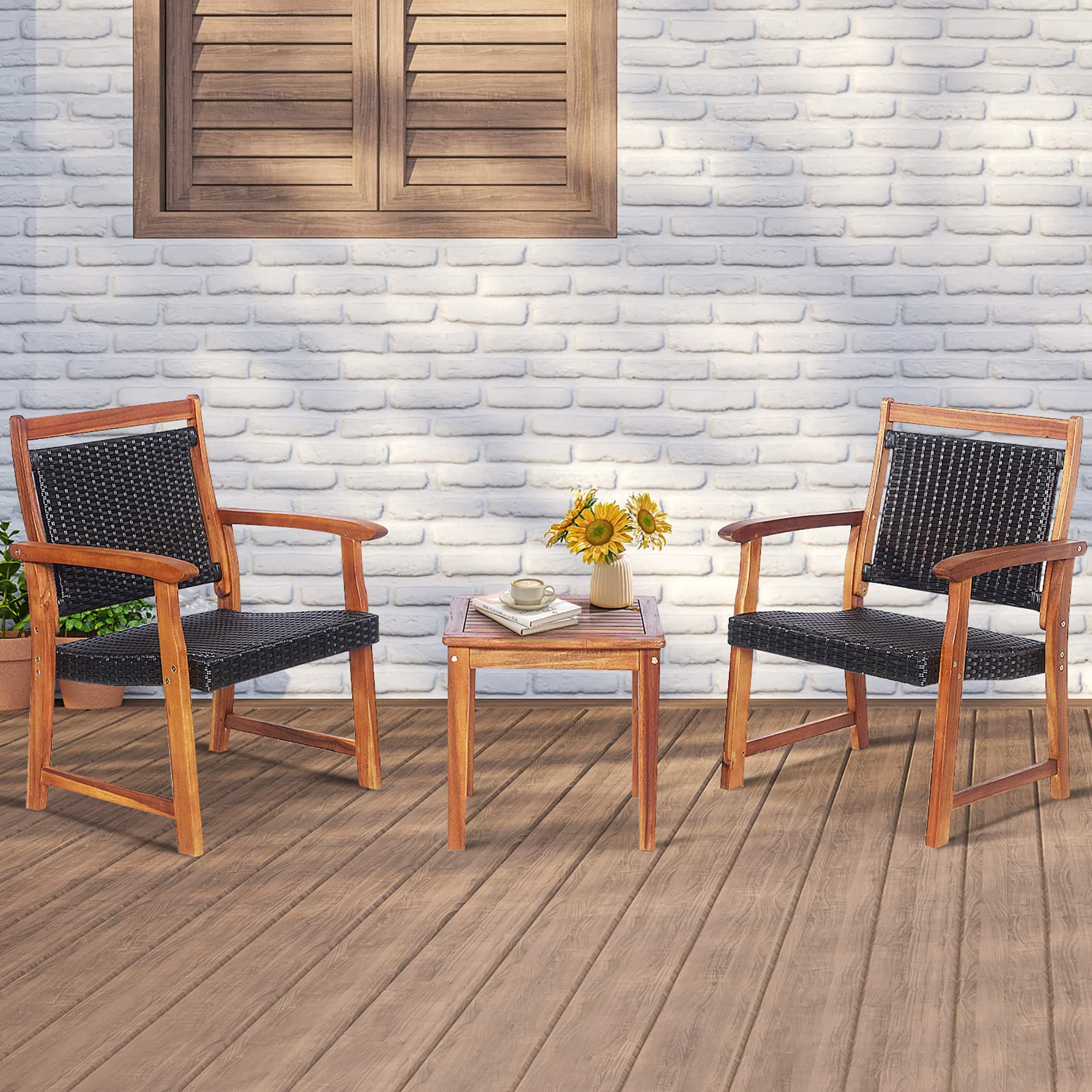 Front. Costway - Costway 3PCS Patio Rattan Bistro Set Acacia Wood Frame Armrest Chairs Garden - Reddish Brown.