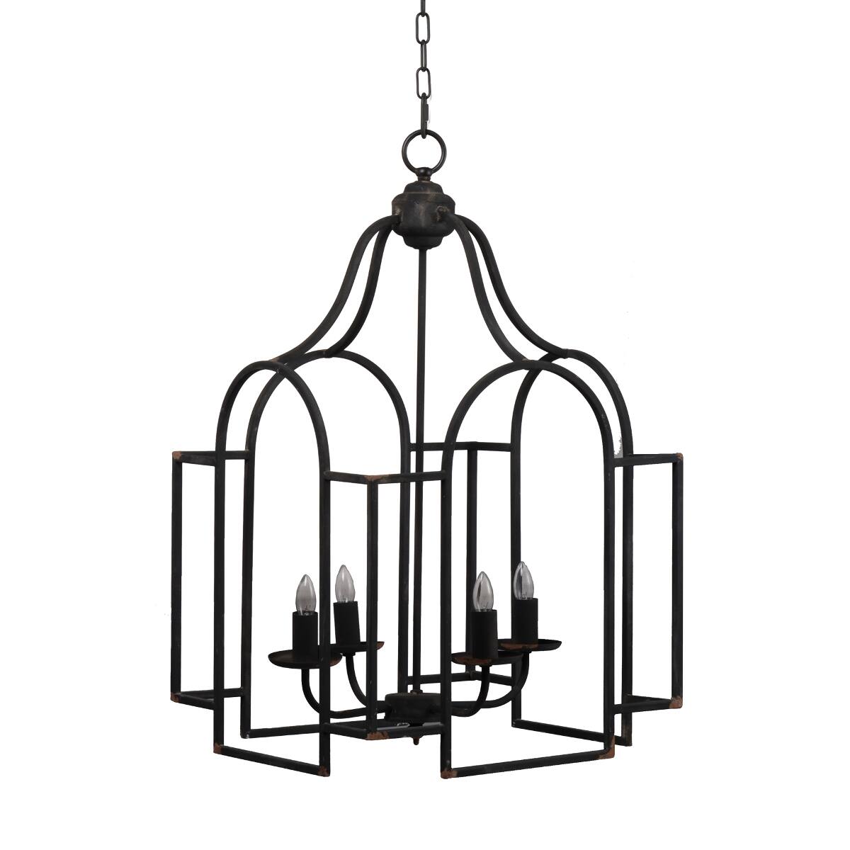 Angle. Loheer - Loheer Four Light Satin Black Chandelier, Iron Entryway Foyer Hanging Light Fixture.