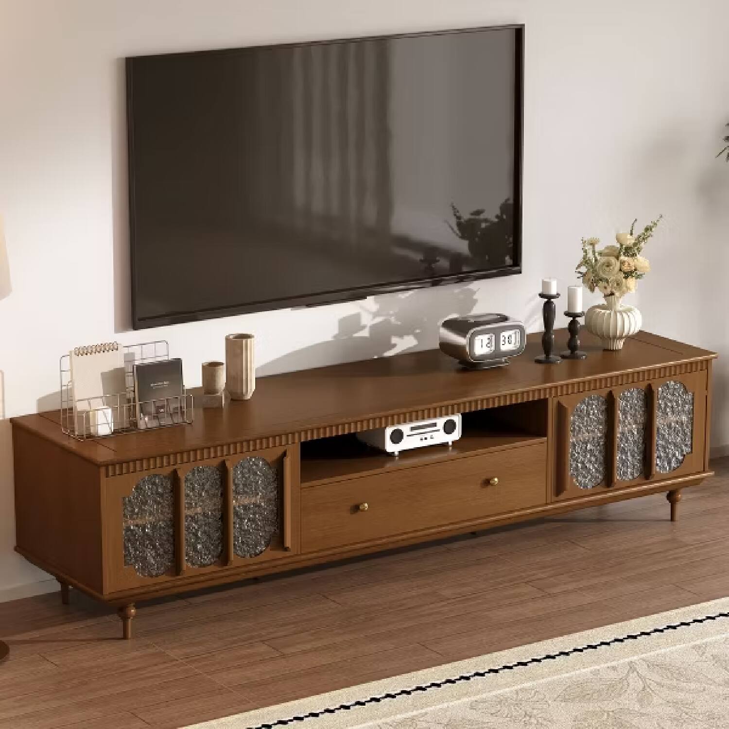 Front. luck idea - 78.74" Modern Entertainment Center with Textured Doors, Wide Media Console, Walnut Finish TV Stand with Storage for Livi - Walnut.