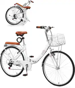 Winado - 26 Inch Foldable Bike Folding Bicycle, 7 Speed Beach Cruiser Bike with Lock, Comfort Back Seat, Foldable Basket - White