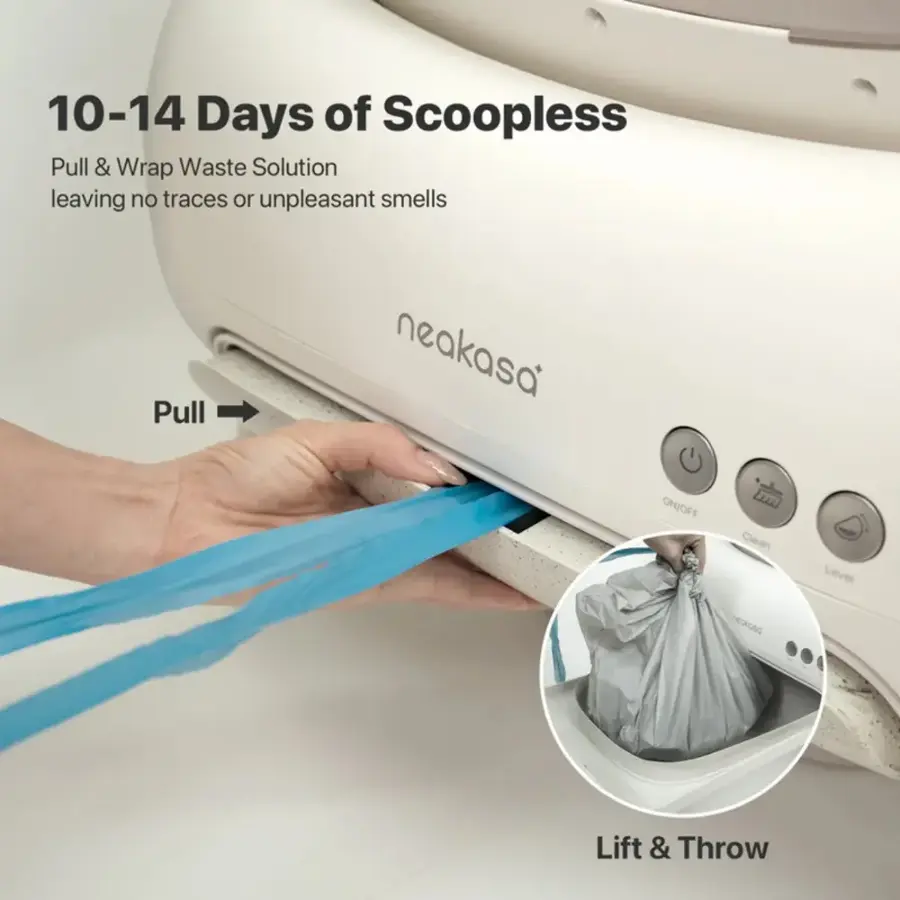 10-14 Days of Scoopless Pull & Wrap Waste Solution: Leaving no traces or unpleasant smells. Pull & Wrap Clean Level Neakosa ON/OFF Clean Level Lift & Throw