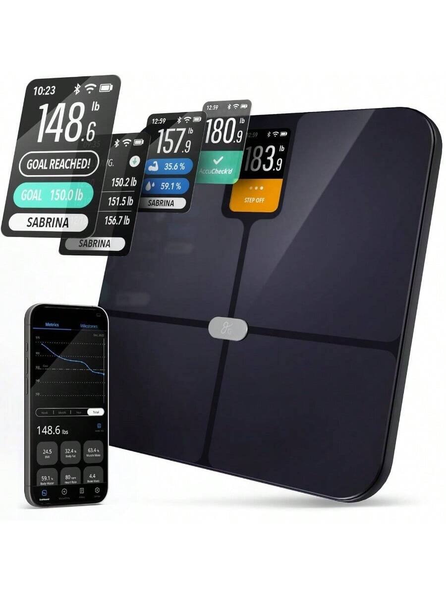 10:23  
148.6 lb  
GOAL REACHED!  
GOAL 150.0 lb  
150.2 lb  
151.5 lb  
156.7 lb  
SABRINA  

12:59  
157.9 lb  
180.9 lb  
183.9 lb  
SABRINA  

Metrics  
148.6 lb  
24.5% Body Fat  
32.4% Muscle Mass  
63.4% Bone Mass  
59.1% Body Water  
80 bpm  
4.4 kg  
63.4%