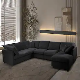 Yardgrace - 117 Inch Modular Sectional Sofa U Shaped Chenille Couch with Movable Ottoman 7 Seat Cloud for Living Room Office - Black