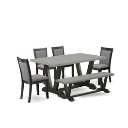 East West Furniture - 6 Piece Dinner Table Set - A Cement Top Wooden Dining Table with a Small Bench and 4 Dark Gotham - Multi-Color