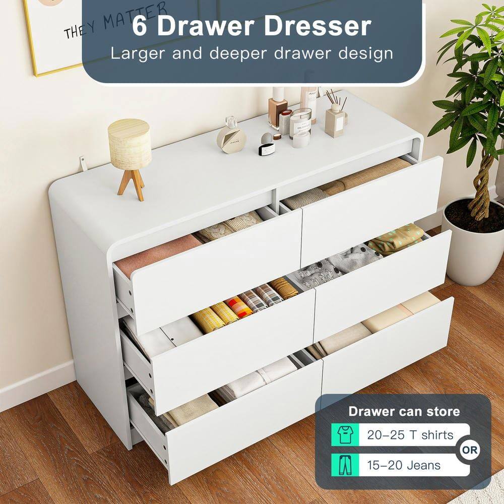 6 Drawer Dresser  
Larger and deeper drawer design  

Drawer can store  
20-25 T shirts OR 15-20 Jeans