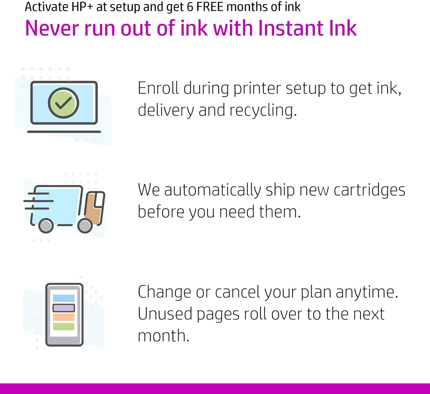 Activate HP+ at setup and get 6 FREE months of ink  
Never run out of ink with Instant Ink  

Enroll during printer setup to get ink, delivery and recycling.  

We automatically ship new cartridges before you need them.  

Change or cancel your plan anytime. Unused pages roll over to the next month.