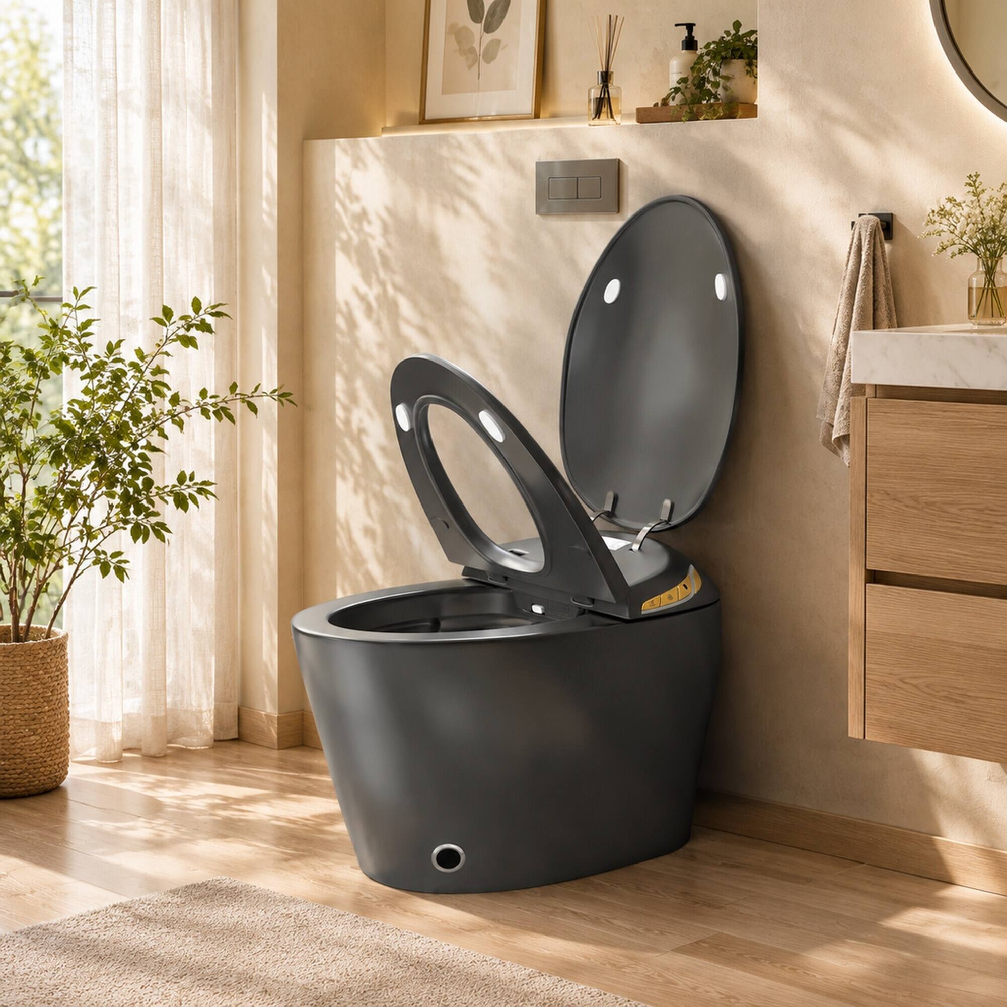 Alt View 2. RYHNUYNE - Unique One Piece Smart Bidet Toilet, Auto Open Close Seat Foot Sensor LED Display Night Light Warm Water Dryer In Grey - Grey.