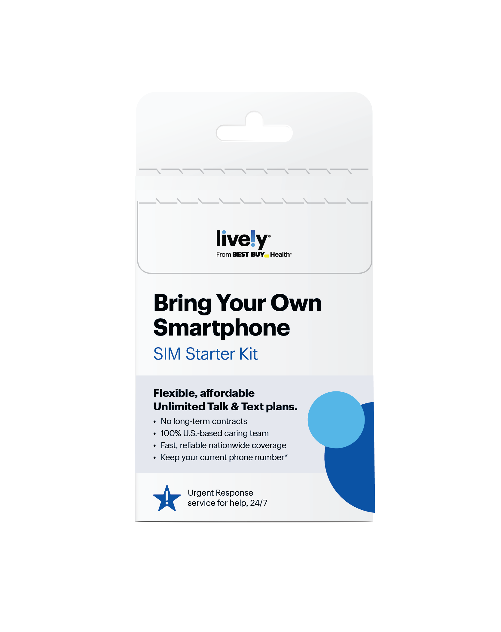Lively, a Best Buy Health brand, offers a Bring Your Own Smartphone SIM Starter Kit. This kit provides flexible, affordable unlimited talk and text plans with no long-term contracts. Customers can keep their current phone number and enjoy fast, reliable nationwide coverage. Additionally, the kit comes with a 100% U.S.-based caring team and an Urgent Response service for help, available 24/7.