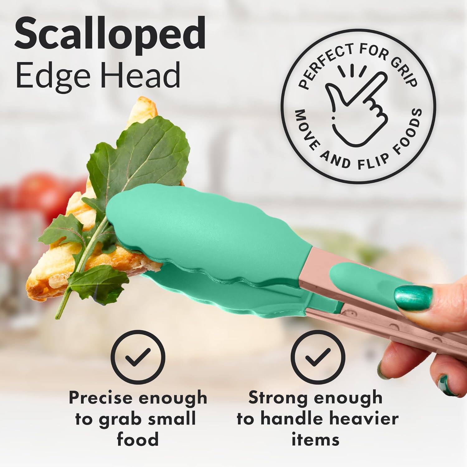 Scalloped Edge Head, Precise enough to grab small food, Strong enough to handle heavier items, Perfect for grip, Move and flip foods