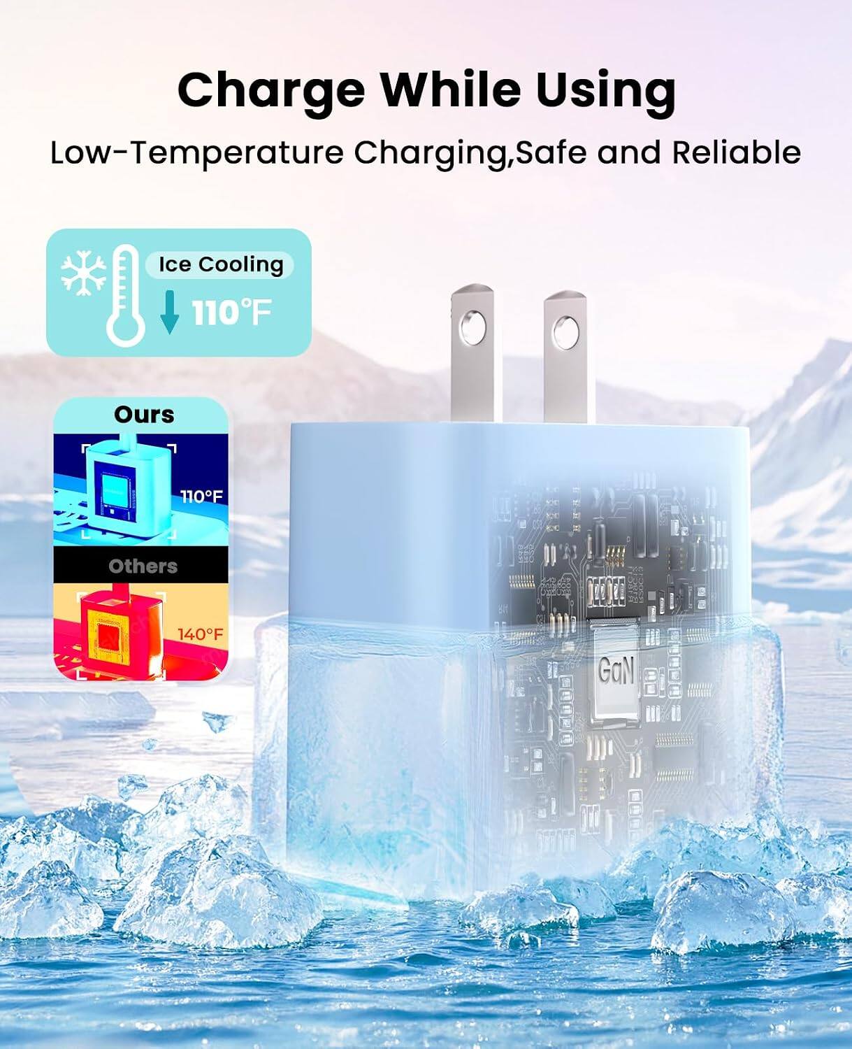 Charge While Using  
Low-Temperature Charging, Safe and Reliable  

Ice Cooling  
110°F  

Ours  
110°F  

Others  
140°F  

GaN