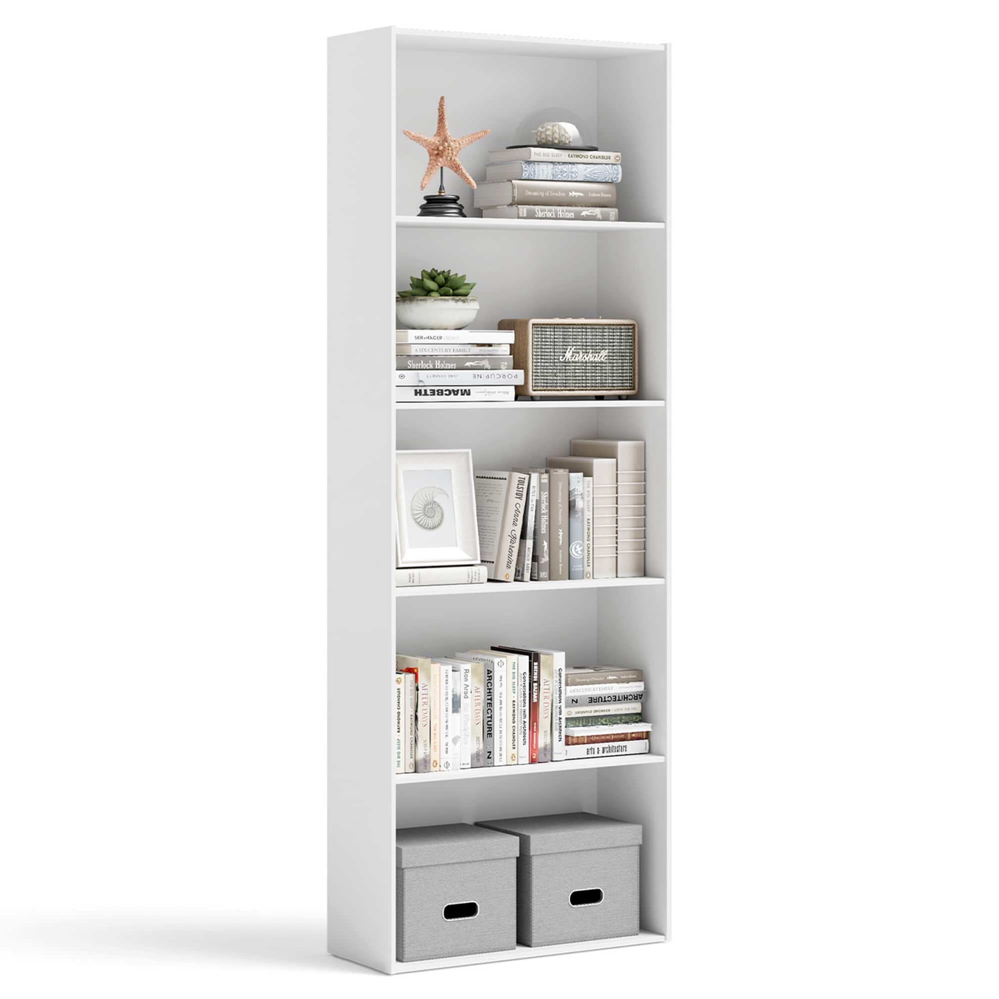 The image features a white bookshelf filled with various items. On the shelves, there are numerous books of different sizes, a potted plant, a vase, and a starfish. The bookshelf is organized to display the items neatly, making it an attractive and functional piece of furniture.