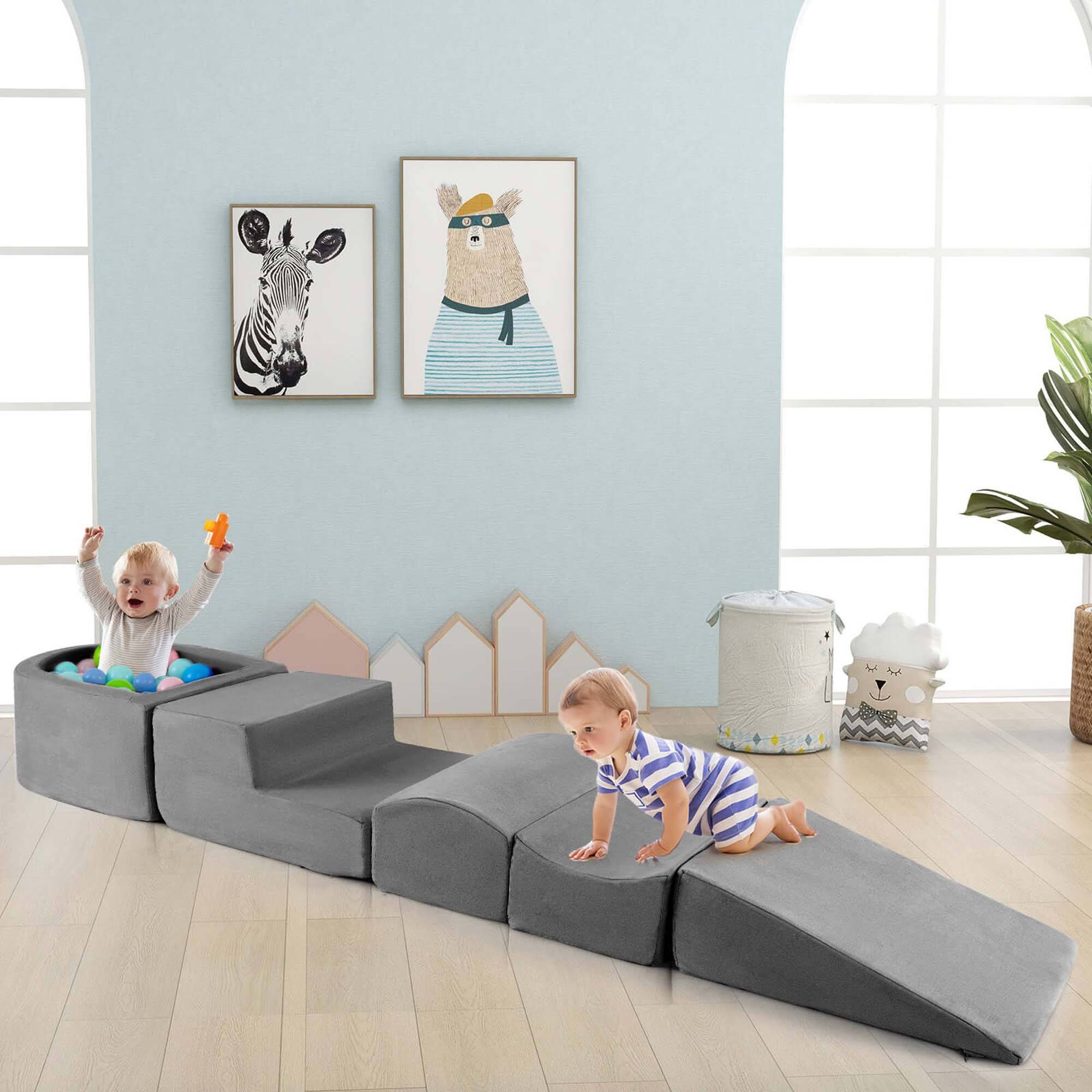 Alt View 3. Costway - Costway 5PCS Climb and Crawl Playset with Ball Pit for Kids Zippers for Playroom - Gray.