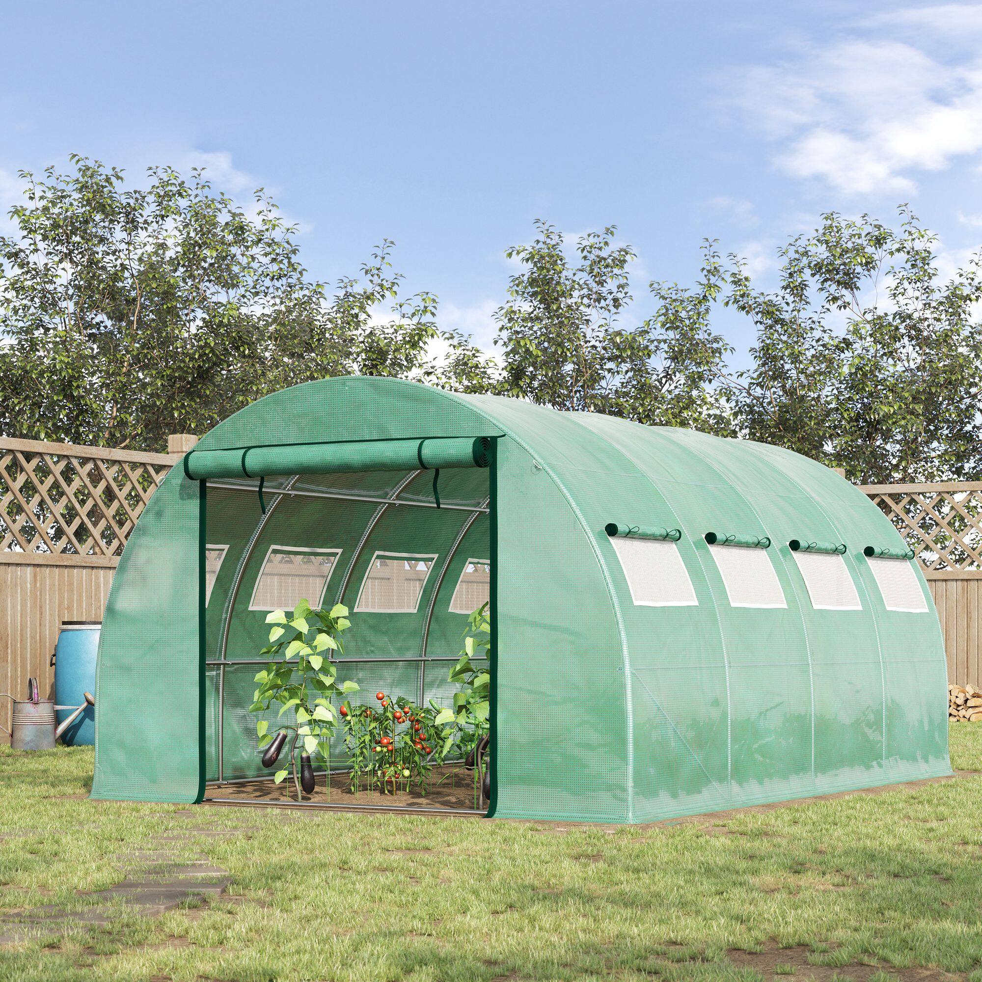 Alt View 1. Outsunny - 13' x 10' x 6.5' Walk-in Tunnel Greenhouse with 2 Zippered Mesh Doors & 10 Mesh Windows - Green.