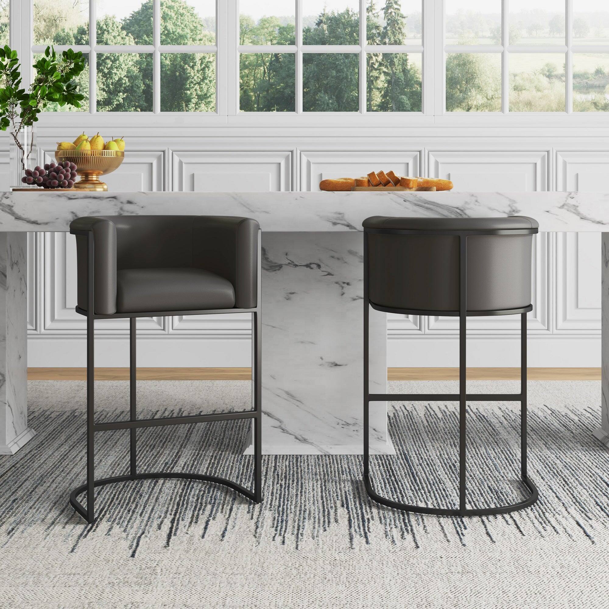 Angle. Manhattan Comfort - Cosmopolitan Mid-Century Modern Metal Upholstered Counter Stool - Set of 2 - Graphite.