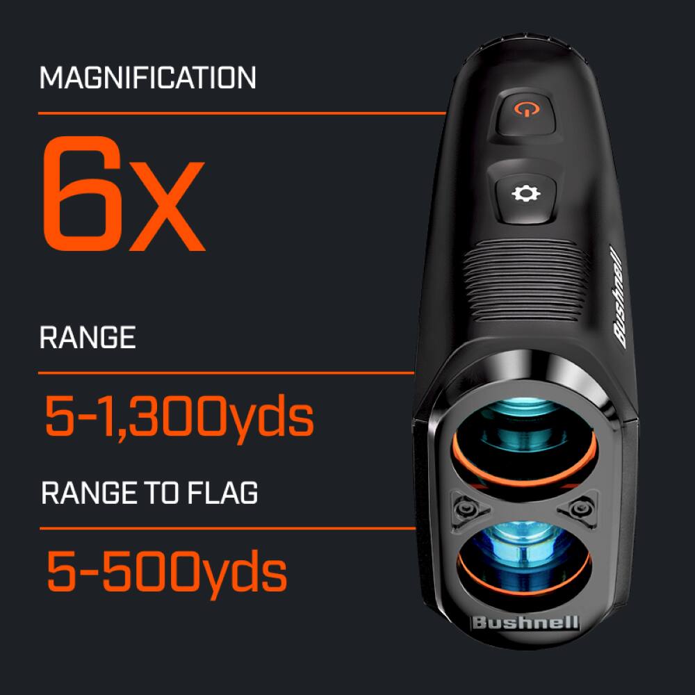 MAGNIFICATION 6x  
RANGE 5-1,300yds  
RANGE TO FLAG 5-500yds  
Bushnell