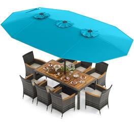 Costway - 10 Pieces Patio Wicker Dining Set with Double-Sided Patio Umbrella 8 Armchairs - Turquoise,,Mix Brown