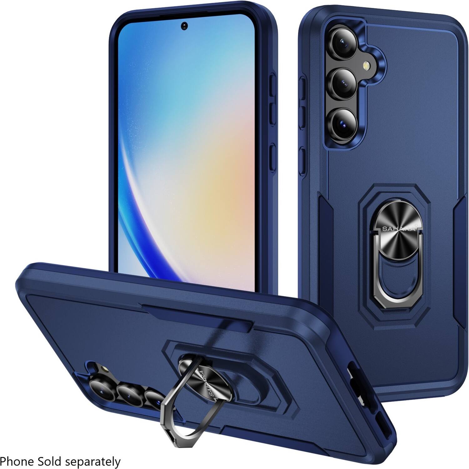 The image shows a blue cell phone in a blue case. The phone is turned on and is sitting in the case. The case has a clip on the side, which can be used to attach the phone to a belt or clothing. The phone is also shown in a vertical position, with the case covering the entire device.