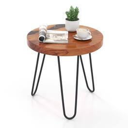 Costway - 20" Round Teak Wood End Table Solid Live Edge Outdoor Side Table with Metal Frame - Brown