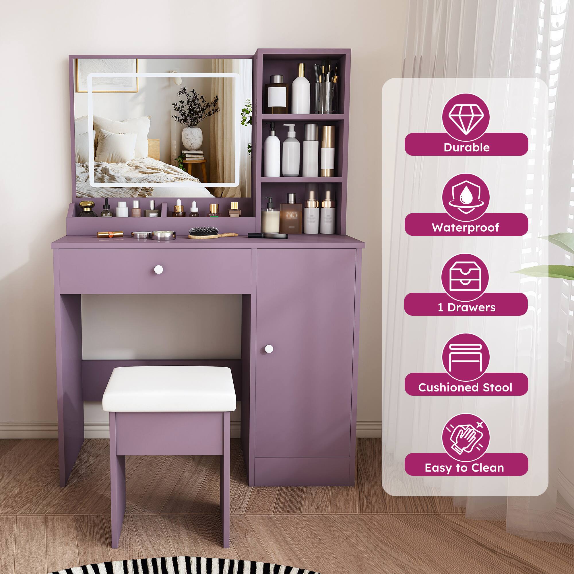 - Durable
- Waterproof
- 1 Drawers
- Cushioned Stool
- Easy to Clean