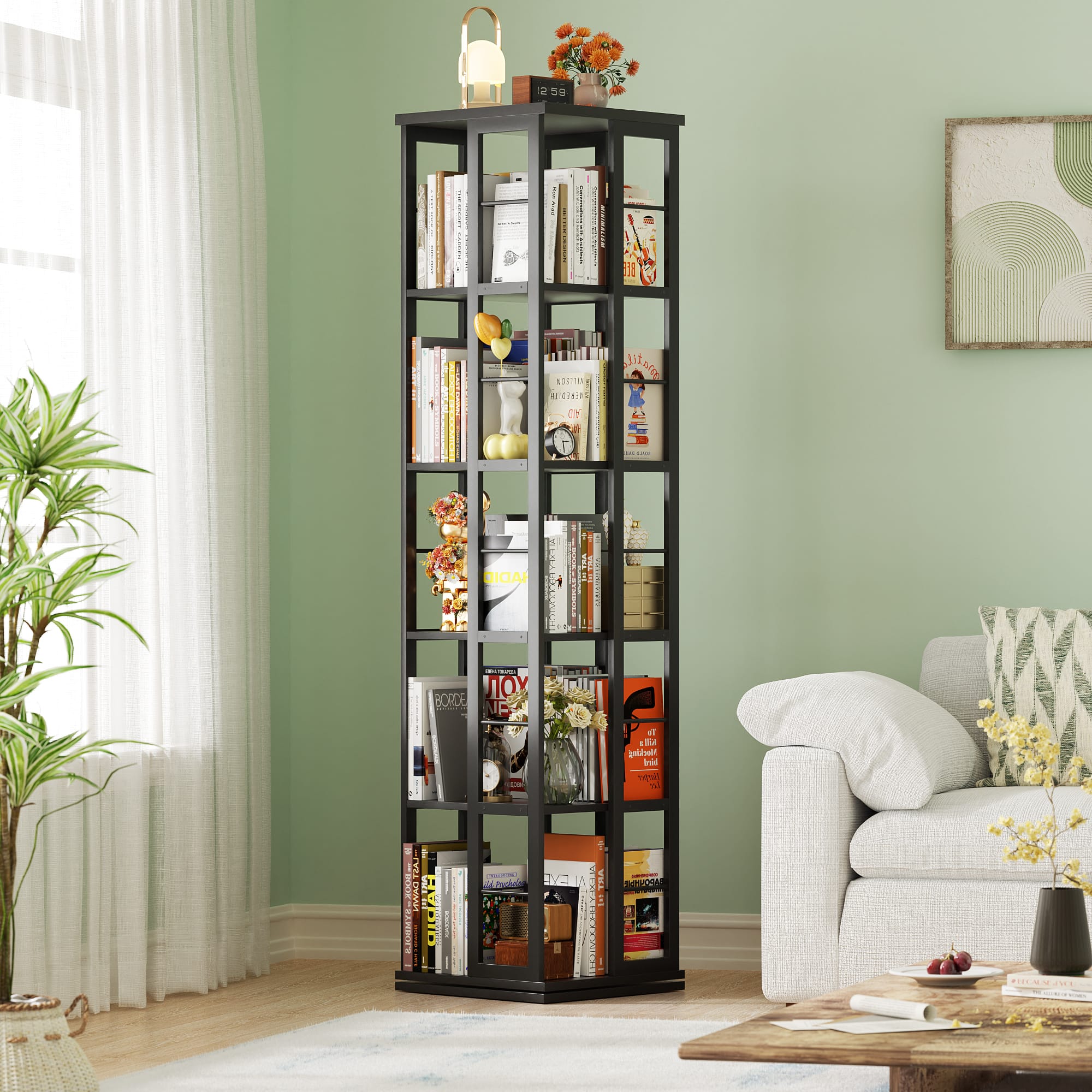 Aheaplus - 5-Tier Rotating Bookshelf, 360 Display Wood Spinning Bookshelves - Black