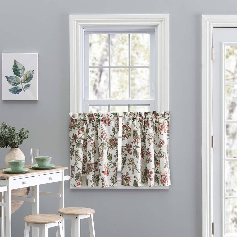 Ellis Curtain - Madison Floral Design Printed Natural Ground 1.5" Rod Pocket Tailored Tier 56" x 36" - Brick