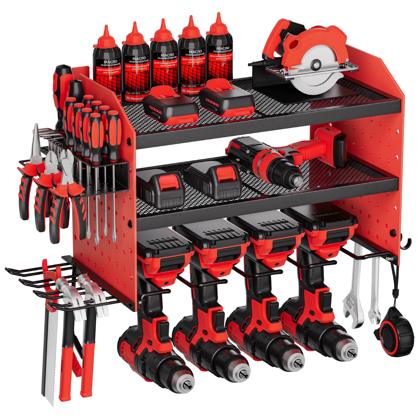 VEVOR - Power Tool Organizer Wall Mount, 3-Layer Storage Rack with 4 Drill Holders, Tools Holder and Storage Rack - Red