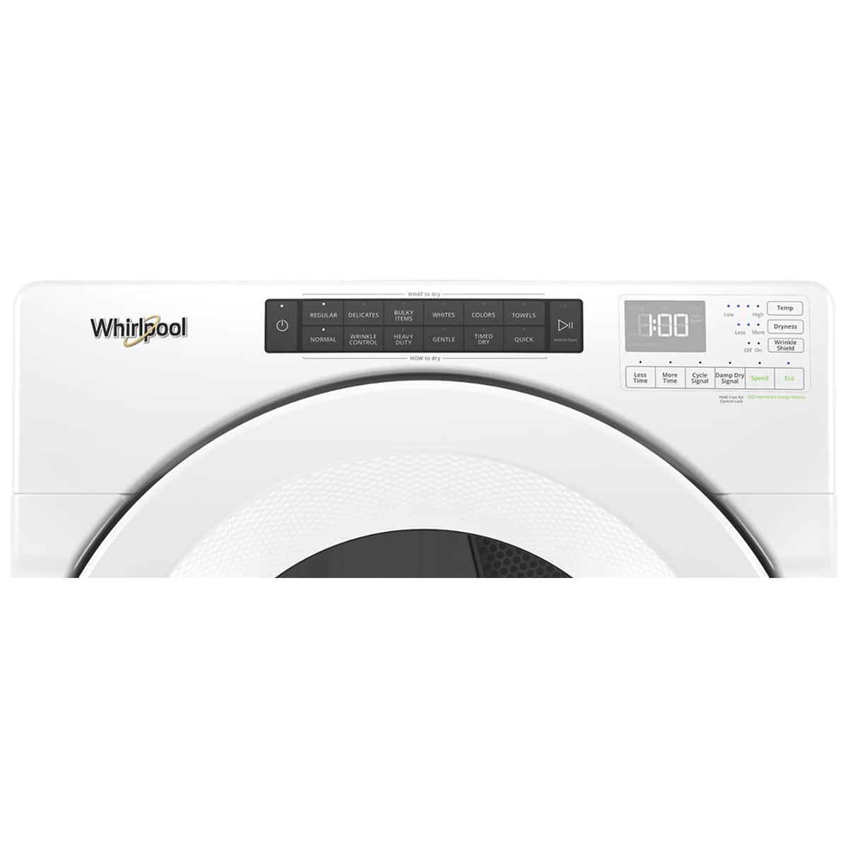 - Whirlpool
- Regular
- Delicates
- Bulky Items
- Whites
- Colors
- Towels
- Gentle
- Timed Dry
- Quick
- Less Time
- More Time
- Cycle Dry
- Speed
- Eco
- Temp
- Damp Dry
- Wrinkle Shield
- Dryness
- Off
- On
- 8:00