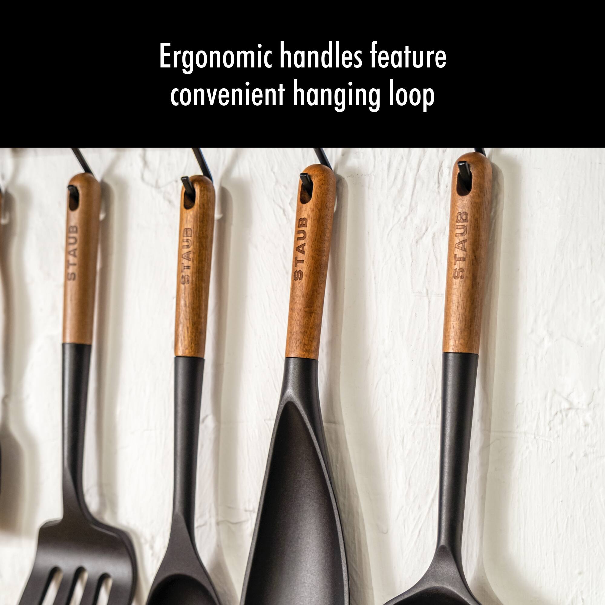 Ergonomic handles feature convenient hanging loop