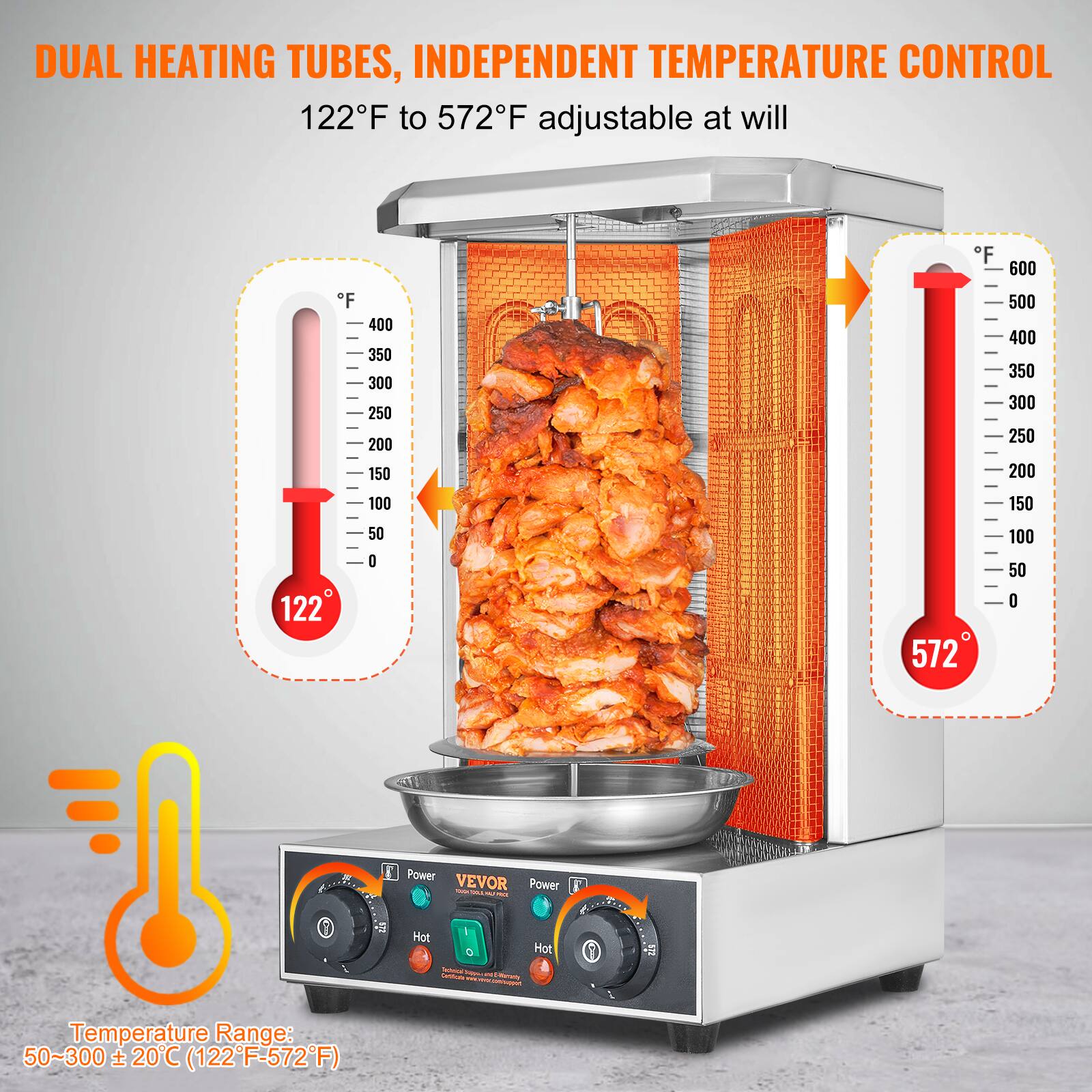 DUAL HEATING TUBES, INDEPENDENT TEMPERATURE CONTROL  
122°F to 572°F adjustable at will  

Temperature Range: 50-300 ± 20°C (122°F-572°F)  

Power  
Hot  
Hot  

Temperature Range: 50-300 ± 20°C (122°F-572°F)