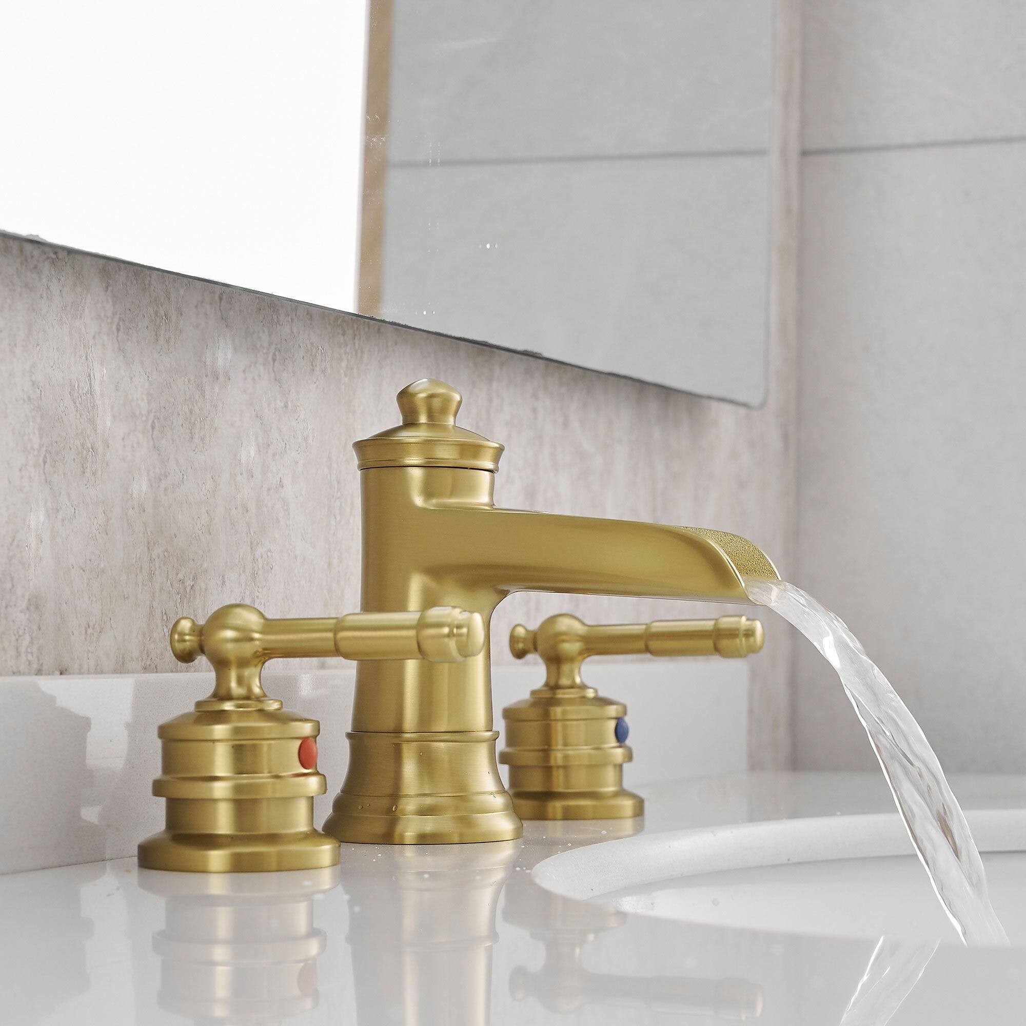Alt View 9. Boyel Living - Classic 8 Inch Widespread Double Handle Brass Bathroom Faucet with Pop Up Drain and Water Supply Hoses in Brushed Gold - Brushed Gold.