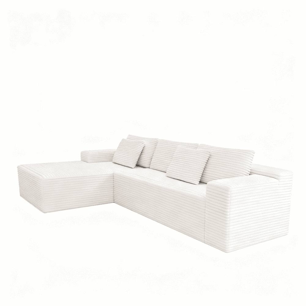 Back. Resenkos - Corduroy Left-Facing Chaise Sectional Sofa, Modular Cloud Couch, White - White.