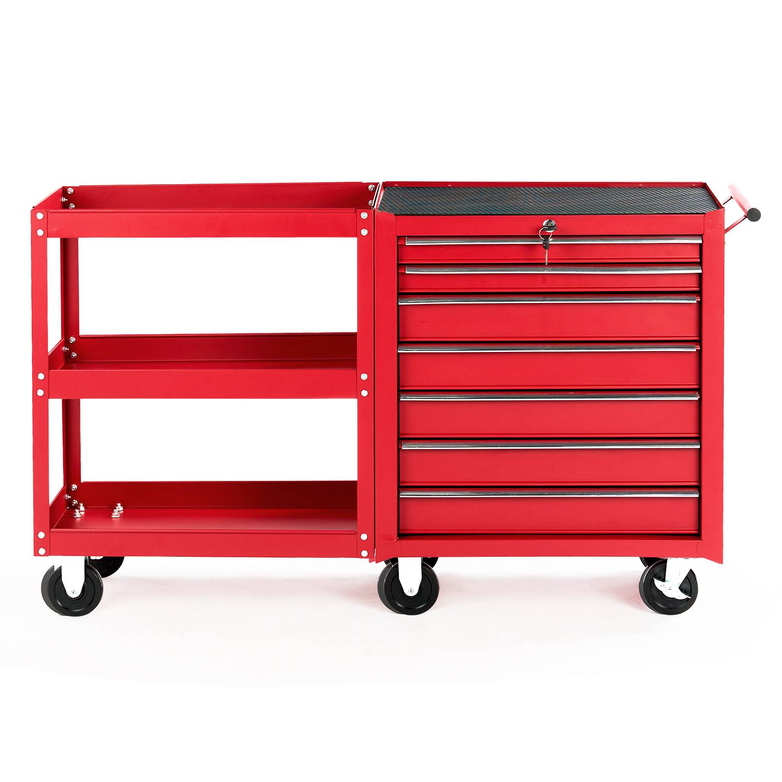Angle. Winado - 7-Drawer Tool Chest with Side Shelves, Lock & Key, 6 Wheels Tool Box Tool Storage Cart Organizer for Workshop and Garage - Red.
