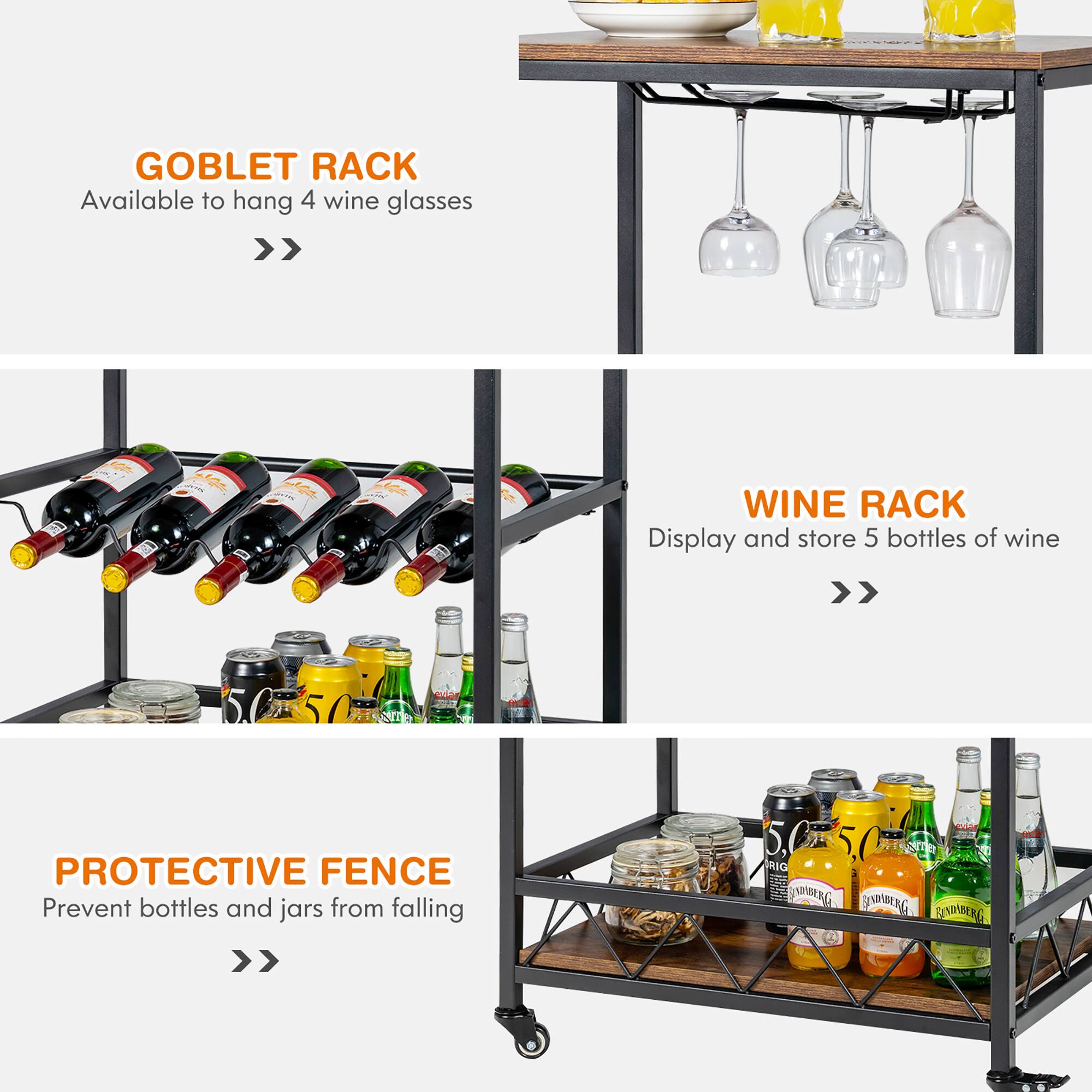 GOBLET RACK  
Available to hang 4 wine glasses

WINE RACK  
Display and store 5 bottles of wine

PROTECTIVE FENCE  
Prevent bottles and jars from falling