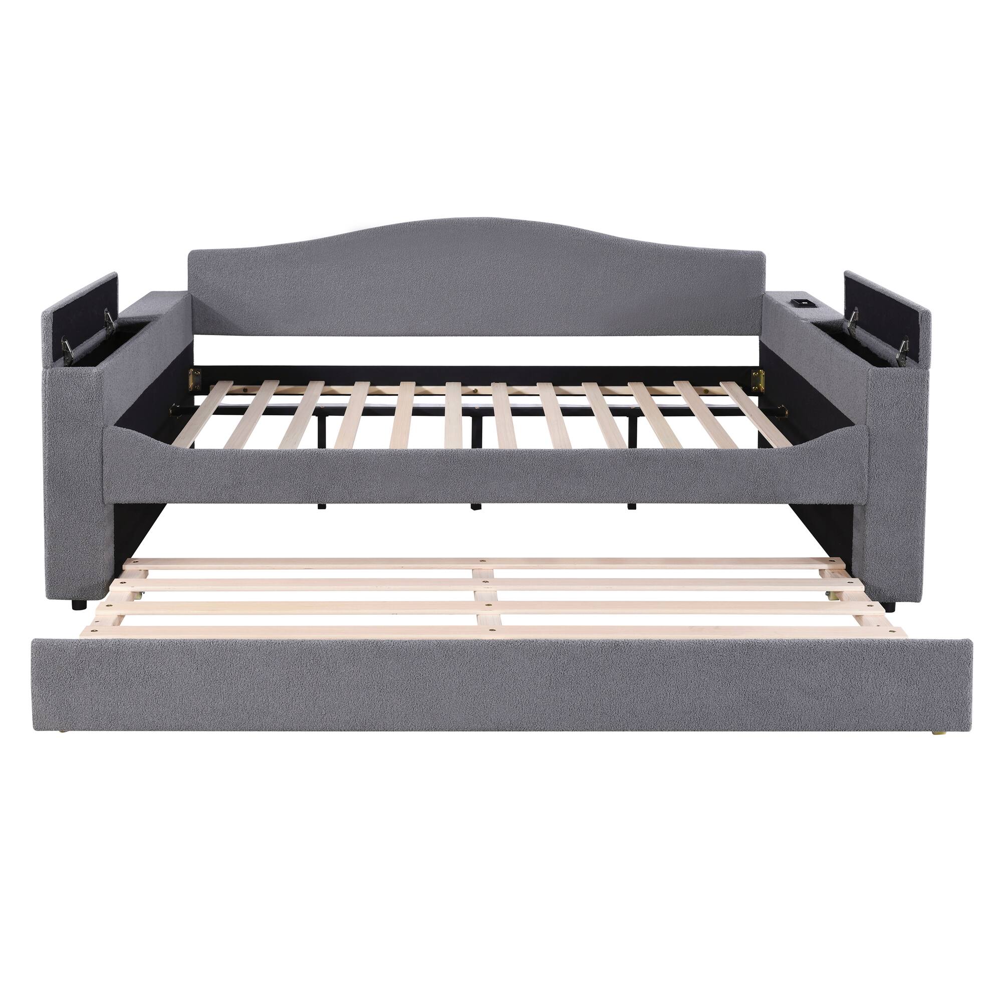 Alt View 1. Tiramisubest - Full Size Upholstered Daybed with Storage Armrests, Trundle and Latest Integrated Bluetooth Audio System, Teddy Fleece - Gray.