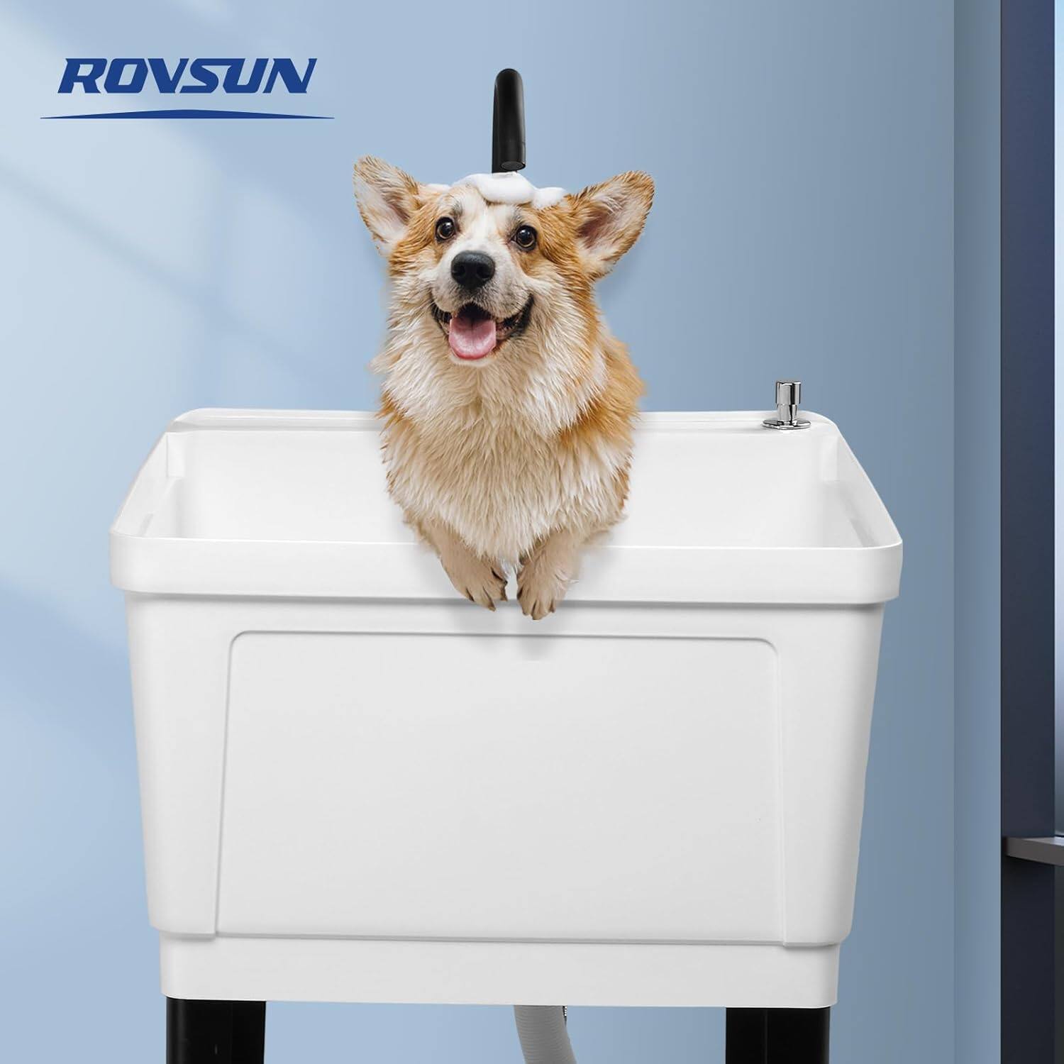 Left. Winado - Plastic Utility Sink Freestanding Plastic Sink with Hot and Cold Water Faucet, Soap Dispenser for Basement Laundry Home - White.
