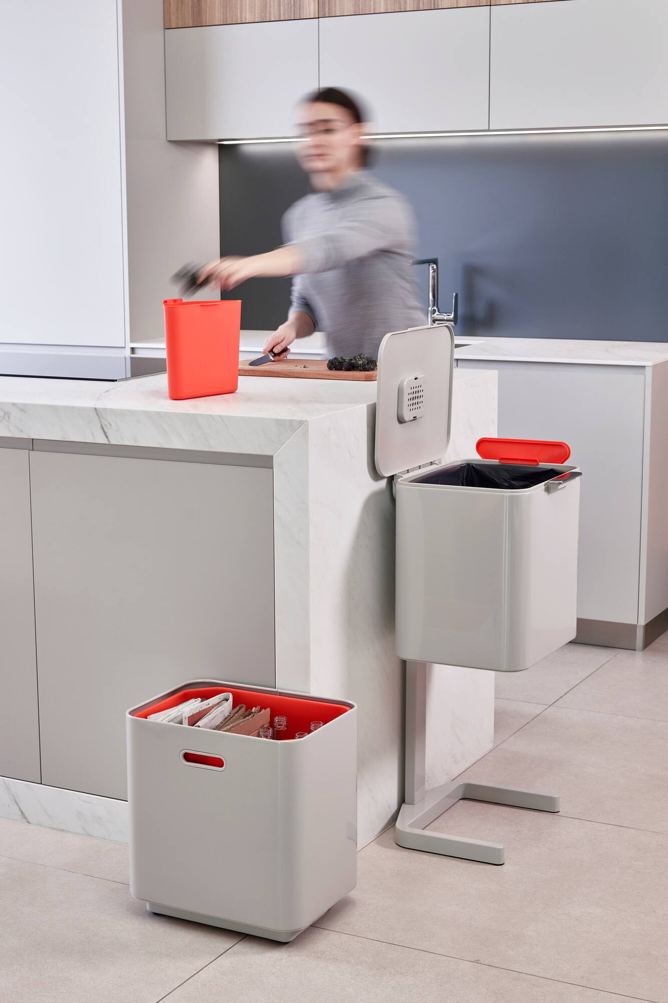 Alt View 3. Joseph Joseph - Totem Max 60-liter Waste & Recycling Dual Kitchen Trash Can - Stone.