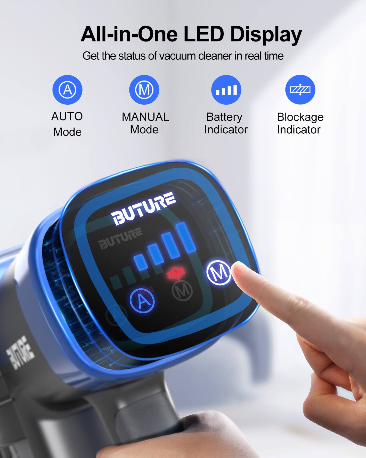 All-in-One LED Display  
Get the status of vacuum cleaner in real time  

- AUTO Mode  
- MANUAL Mode  
- Battery Indicator  
- Blockage Indicator  

BUTURE