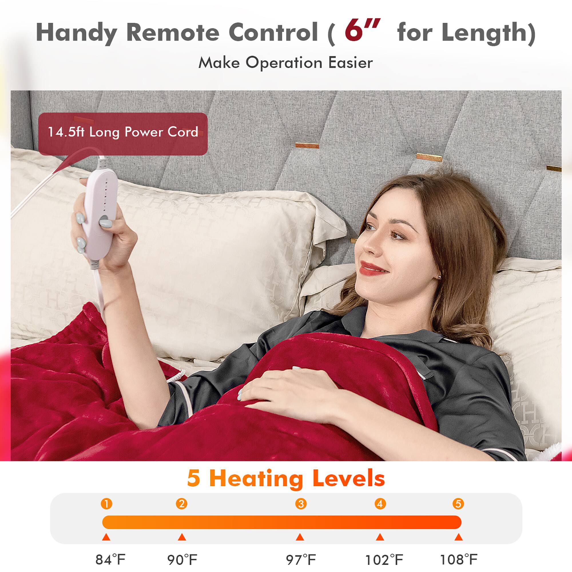 Handy Remote Control (6" for Length) Make Operation Easier 14.5ft Long Power Cord 5 Heating Levels 2 3 4 5 84F 90F 97F 102F 108F