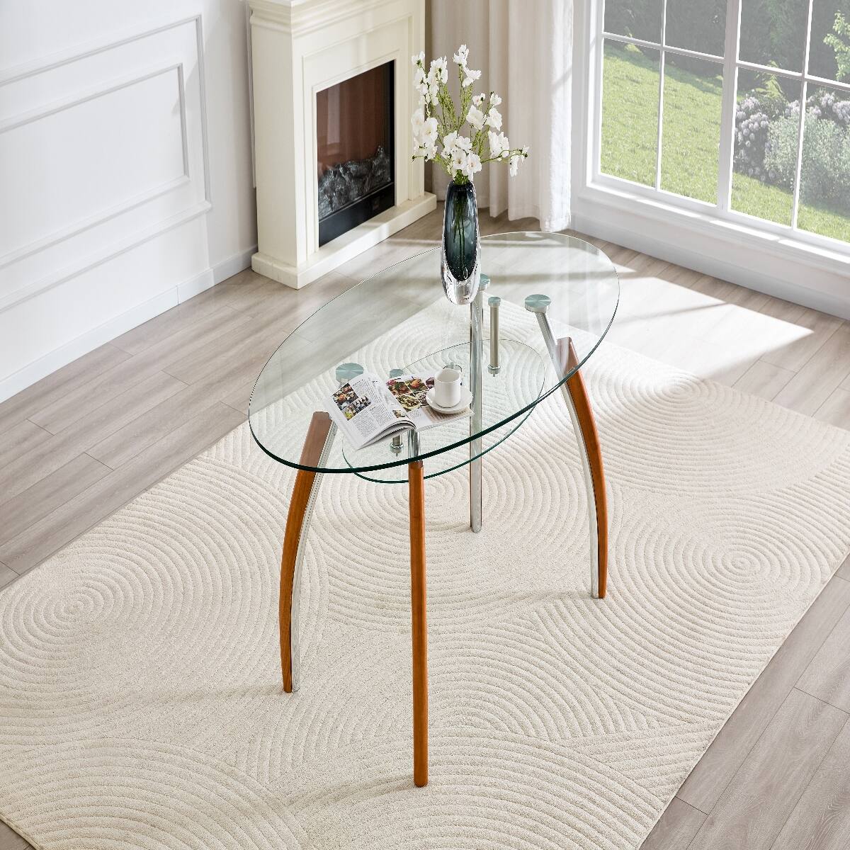 Alt View 2. Loheer - Loheer Oval Glass Coffee Table with Two-Tier Storage Shelf, Mid-Century Modern Design - Oak.
