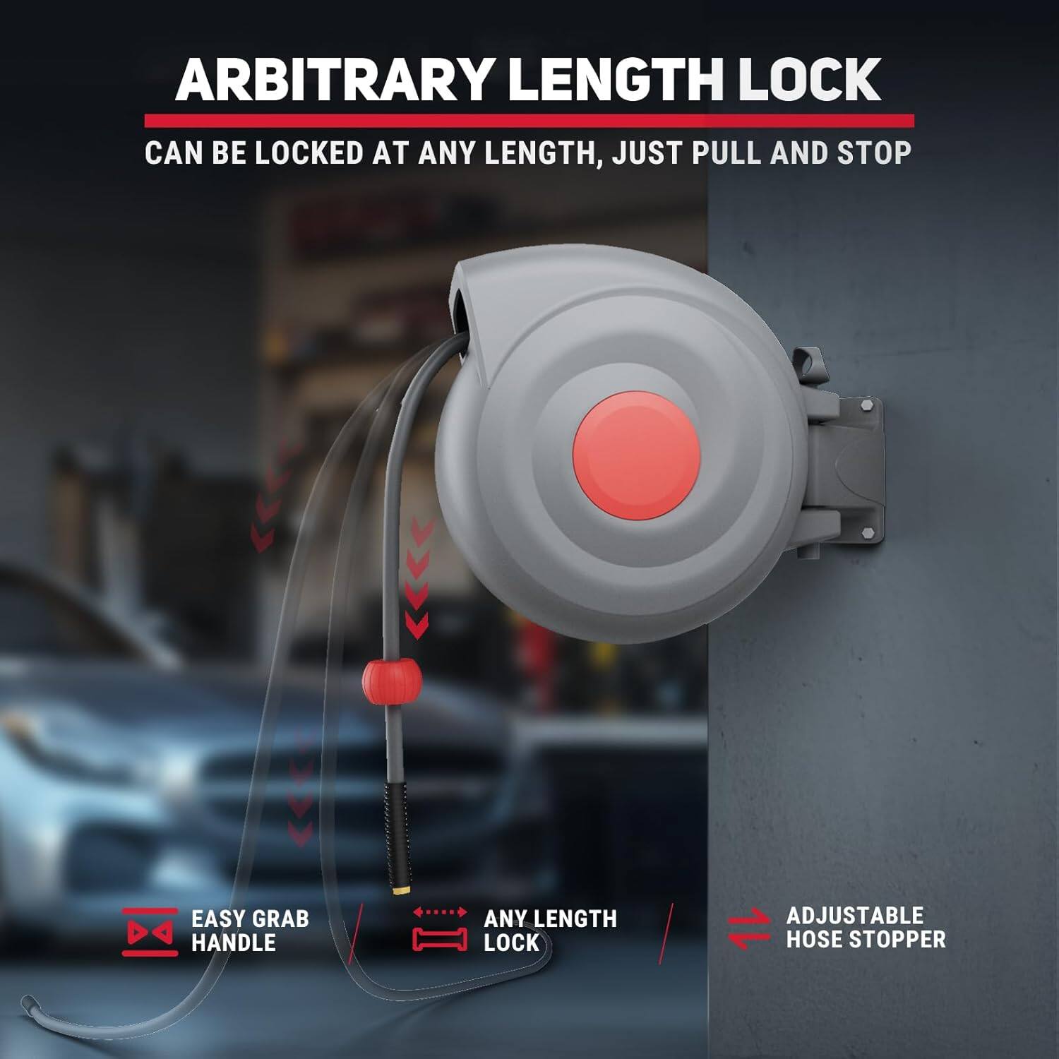 ARBITRARY LENGTH LOCK  
CAN BE LOCKED AT ANY LENGTH, JUST PULL AND STOP  

EASY GRAB HANDLE  
ANY LENGTH LOCK  
ADJUSTABLE HOSE STOPPER