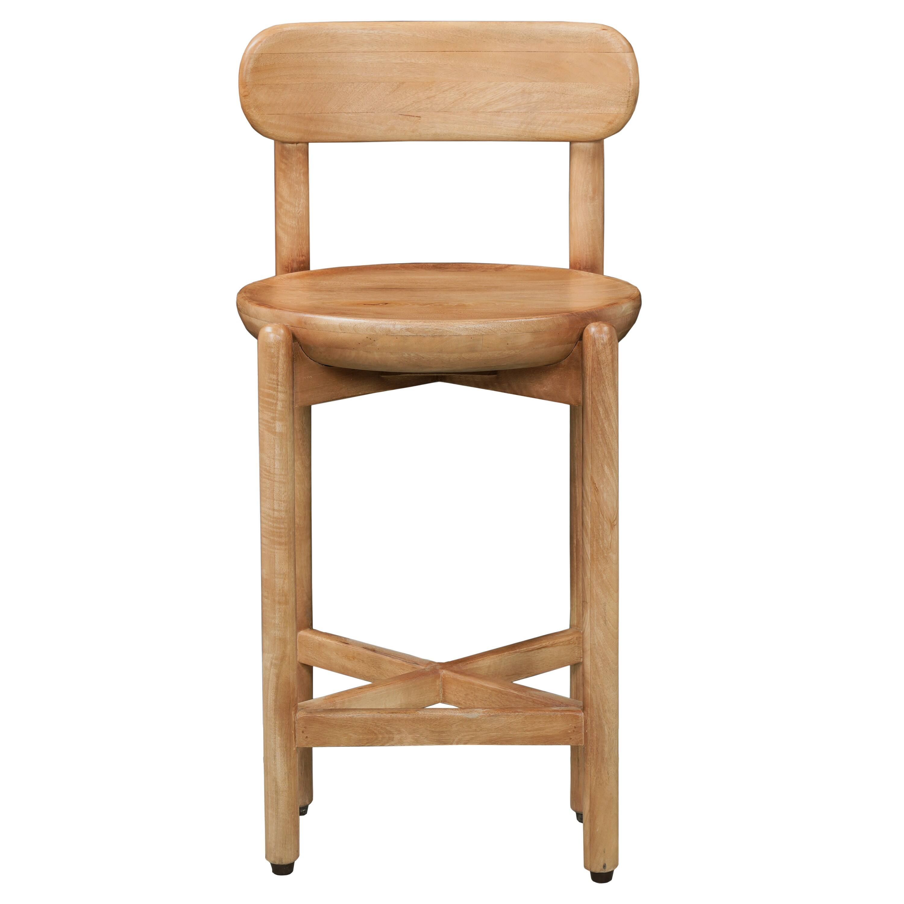 Front. Manhattan Lane - Maona Counter Stool Chair with Round Seat, Curved Open Back, Mango Wood - Natural Brown.